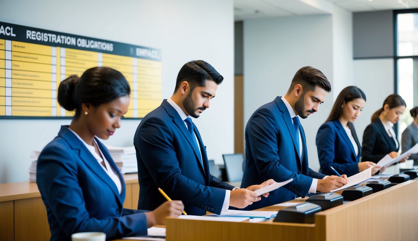 Un gruppo di professionisti che compilano documenti presso un banco di registrazione per l'ENPACL, con un elenco di obblighi affisso al muro