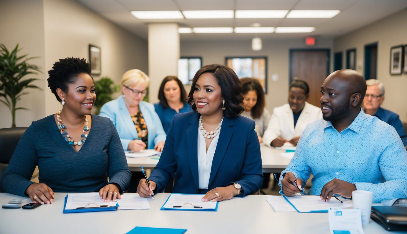 Un gruppo di persone che riceve vari servizi presso l'ufficio ENPACL, tra cui consulenze, pratiche burocratiche e sessioni informative.