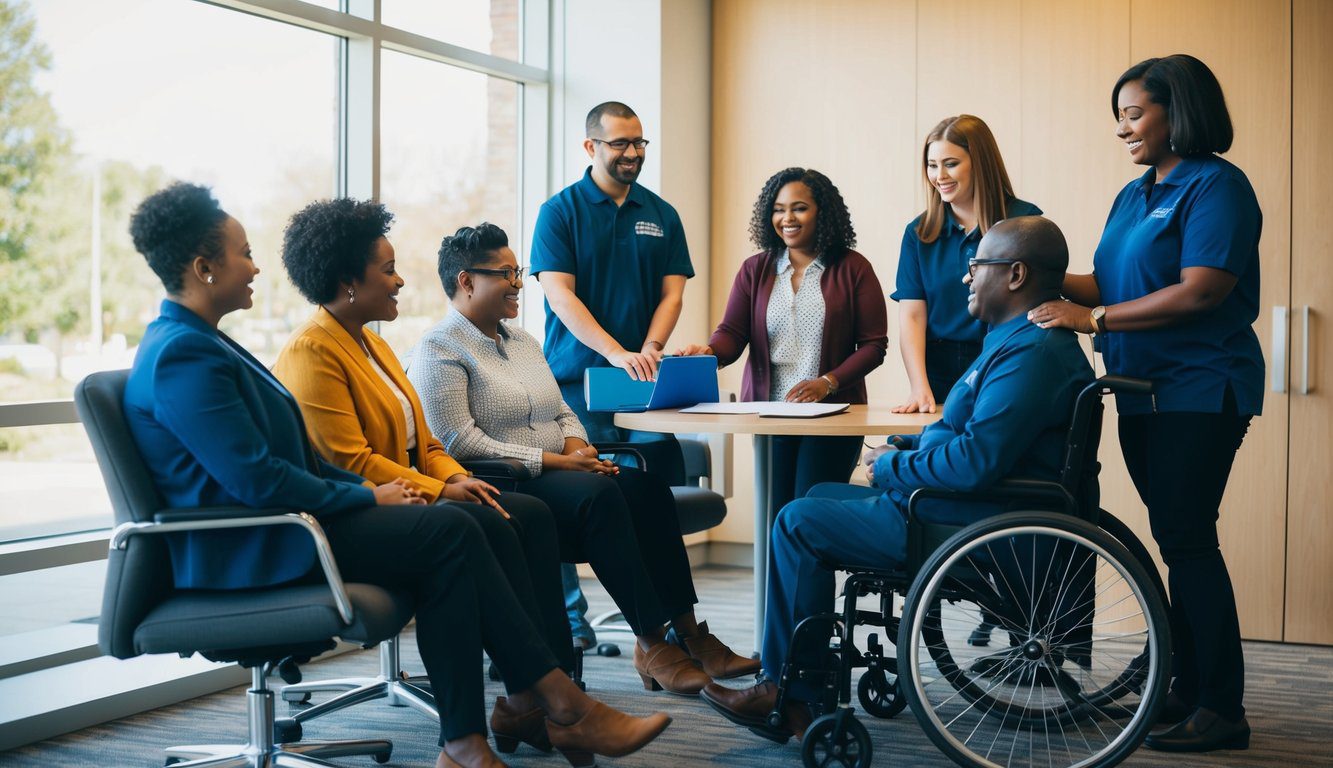 Un gruppo di individui che ricevono assistenza e supporto dal personale ENPACL in un ambiente accogliente e inclusivo