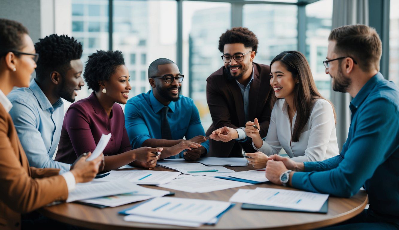 Un gruppo di individui diversi si riunisce attorno a un tavolo, impegnato in una vivace discussione, con fogli e documenti sparsi davanti a loro.