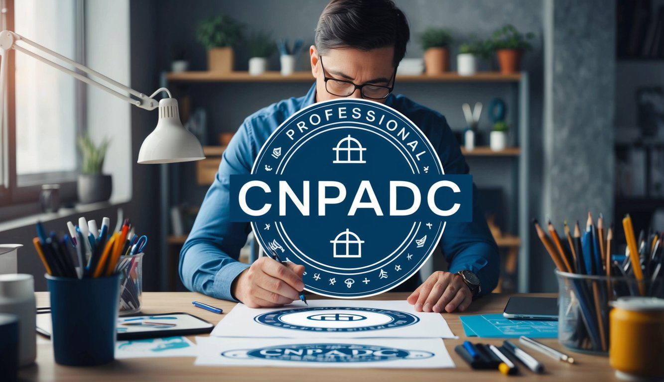 Un artista professionista seduto a una scrivania, circondato da materiali artistici e che sta disegnando un'illustrazione dettagliata del logo CNPADC e dei simboli correlati.