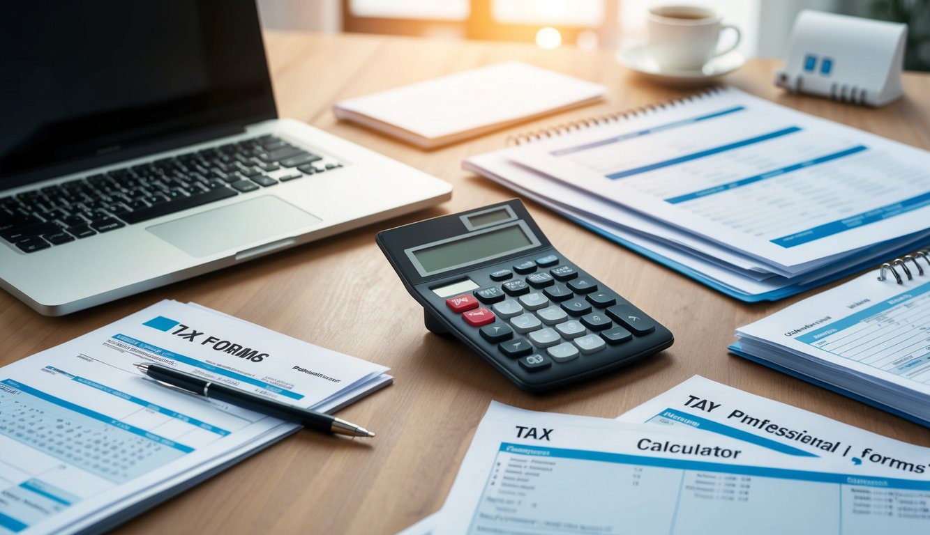 Una scrivania con una calcolatrice, moduli fiscali e un calendario, circondata da documenti finanziari e un laptop