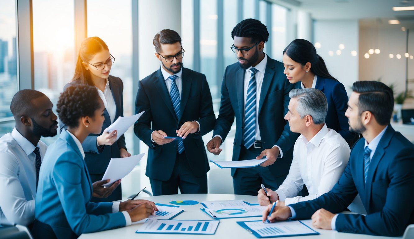 Un gruppo di professionisti diversi che discutono e analizzano documenti finanziari e grafici in un ambiente d'ufficio moderno.
