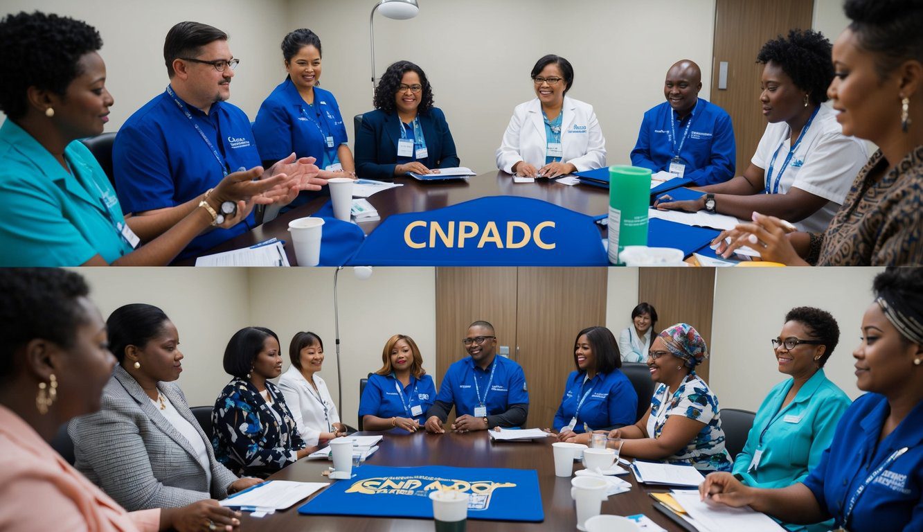 Un gruppo di persone che riceve vari servizi da CNPADC, come assistenza sanitaria, aiuti finanziari e supporto legale.