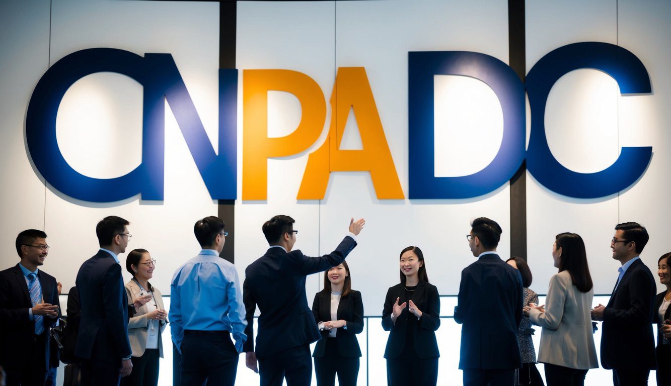 Un gruppo di persone si raduna attorno a un grande cartello con l'acronimo "CNPADC" ben in evidenza, mentre una figura si trova di fronte, gesticolando verso di esso.