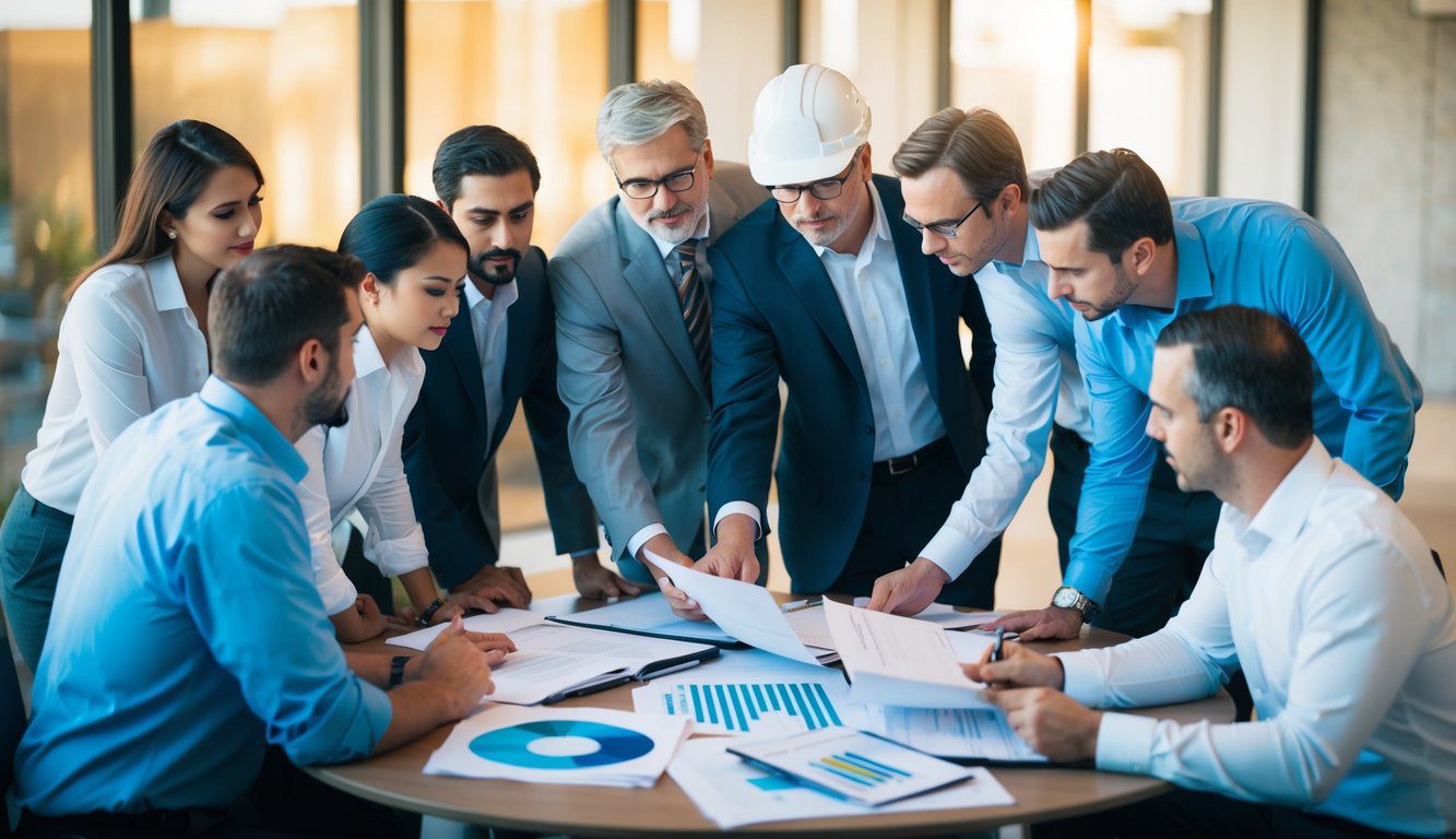 Cassa Geometri (CIPAG): Cos'è, Come Funziona, Soggetti Obbligati, Iscrizione, Servizi, Contributi, Durc e Pensione (2026) 5 Un gruppo di architetti e ingegneri si riunisce attorno a un tavolo, discutendo e rivedendo documenti relativi ai contributi CIPAG.