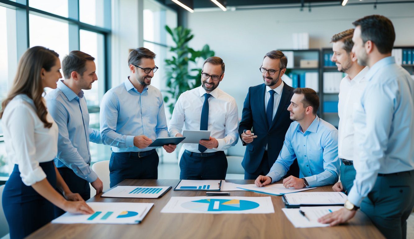 Cassa Geometri (CIPAG): Cos'è, Come Funziona, Soggetti Obbligati, Iscrizione, Servizi, Contributi, Durc e Pensione (2026) 7 Un gruppo di architetti e ingegneri che ricevono assistenza dall'organizzazione Geometri Cassa, discutendo piani e progetti in un contesto professionale.