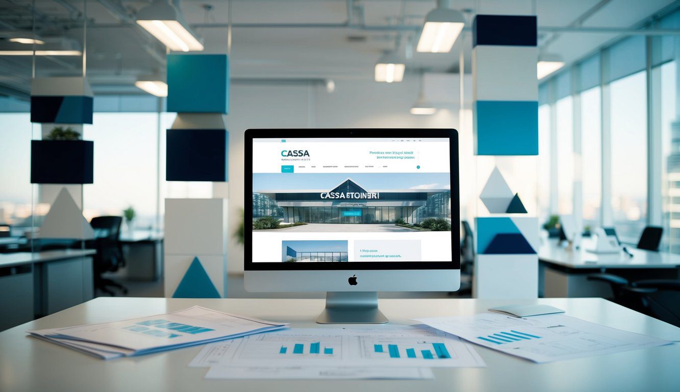 Cassa Geometri (CIPAG): Cos'è, Come Funziona, Soggetti Obbligati, Iscrizione, Servizi, Contributi, Durc e Pensione (2026) 8 Uno spazio ufficio moderno con decorazioni geometriche e piani architettonici sparsi su una scrivania. Un monitor del computer mostra il sito web per "Cassa Geometri."