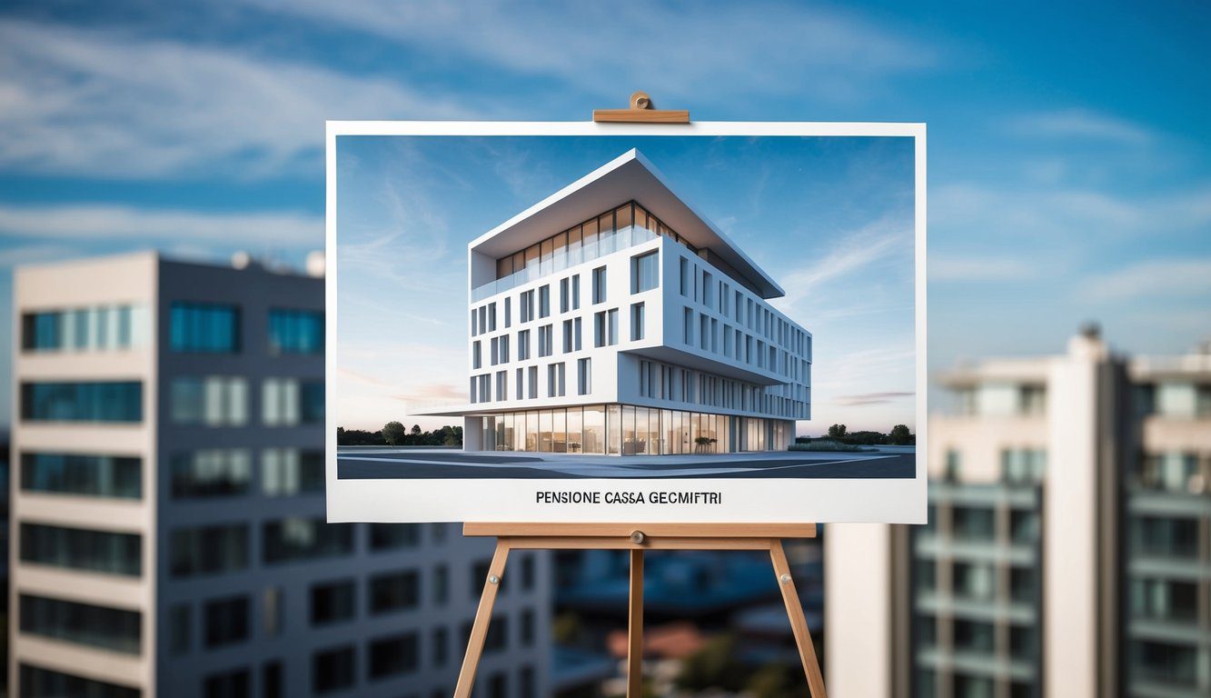 Cassa Geometri (CIPAG): Cos'è, Come Funziona, Soggetti Obbligati, Iscrizione, Servizi, Contributi, Durc e Pensione (2026) 9 Un disegno architettonico della Pensione Cassa Geometri, con forme geometriche e linee pulite, ambientato su uno sfondo di edifici moderni e cieli blu.