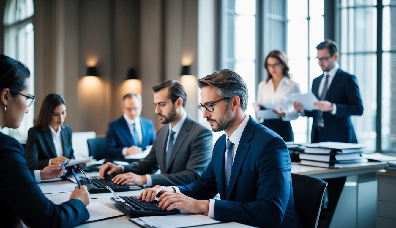 Cassa Forense: Cos'è, Come Funziona, Soggetti Obbligati, Iscrizione, Servizi, Contributi e Pensione (2026) 1 Una scena di ufficio affollata con avvocati che consultano, digitano e archiviano documenti presso la Cassa Forense