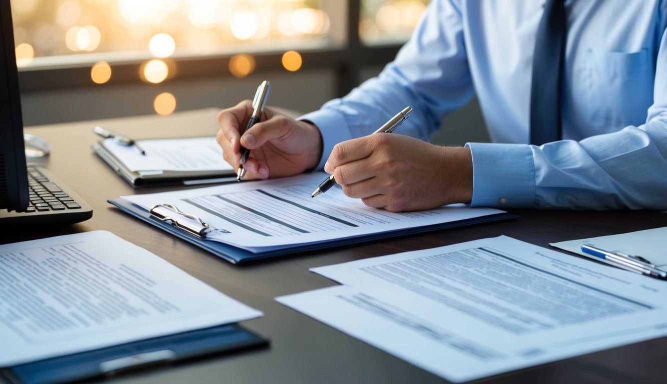 Cassa Forense: Cos'è, Come Funziona, Soggetti Obbligati, Iscrizione, Servizi, Contributi e Pensione (2026) 3 Una persona che compila documenti a una scrivania con una penna, circondata da documenti legali e un computer