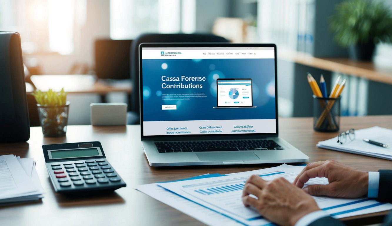 Cassa Forense: Cos'è, Come Funziona, Soggetti Obbligati, Iscrizione, Servizi, Contributi e Pensione (2026) 4 Una scrivania d'ufficio occupata con una calcolatrice, documenti e un laptop aperto su una pagina web riguardante i contributi della Cassa Forense