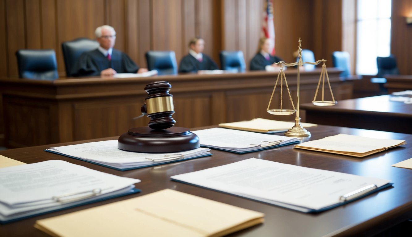 Cassa Forense: Cos'è, Come Funziona, Soggetti Obbligati, Iscrizione, Servizi, Contributi e Pensione (2026) 5 Un'aula di tribunale con la panchina del giudice, i tavoli degli avvocati e il banco dei testimoni. Documenti e atti legali sono sparsi sui tavoli.