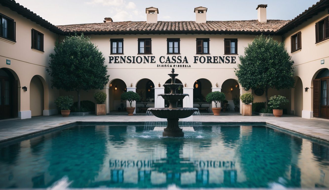 Cassa Forense: Cos'è, Come Funziona, Soggetti Obbligati, Iscrizione, Servizi, Contributi e Pensione (2026) 8 Un tranquillo cortile con una fontana e edifici circostanti, con il nome "Pensione Cassa Forense" ben in evidenza
