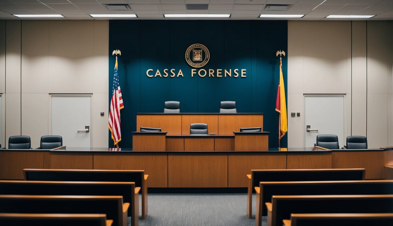 Cassa Forense: Cos'è, Come Funziona, Soggetti Obbligati, Iscrizione, Servizi, Contributi e Pensione (2026) 9 Un'aula di tribunale con la panchina del giudice, il banco dei testimoni e i posti a sedere per il pubblico. Il logo della Cassa Forense è esposto in modo prominente.
