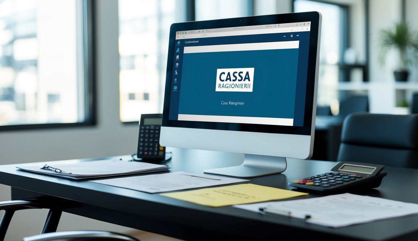 Cassa Ragionieri (CNPR): Cos'è, Come Funziona, Soggetti Obbligati, Iscrizione, Servizi, Contributi e Pensione (2026) 1 Una scrivania moderna con un computer, una calcolatrice e documenti. Un logo di "Cassa Ragionieri" visualizzato sullo schermo del computer.