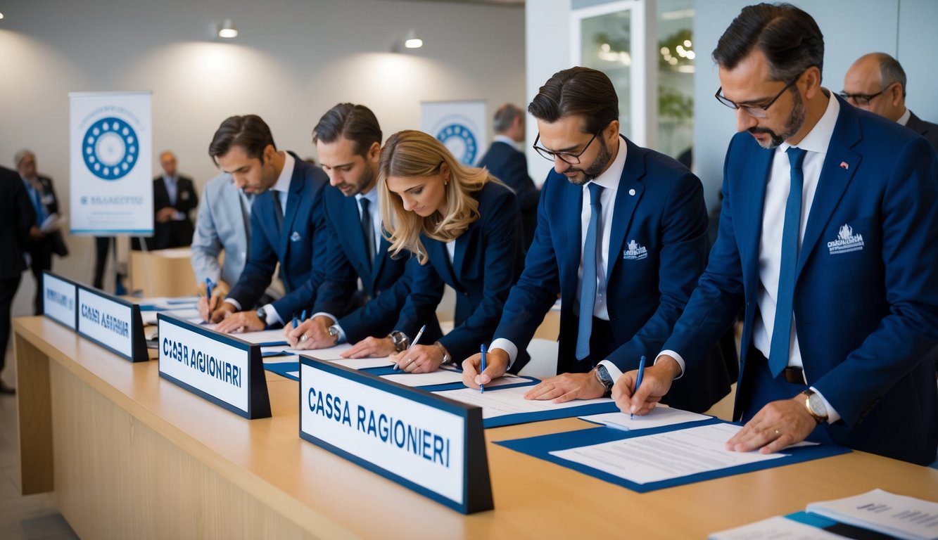 Cassa Ragionieri (CNPR): Cos'è, Come Funziona, Soggetti Obbligati, Iscrizione, Servizi, Contributi e Pensione (2026) 2 Un gruppo di professionisti che compilano documenti presso un banco di registrazione per la "Cassa Ragionieri", con un'insegna che mostra il nome e il logo dell'organizzazione.