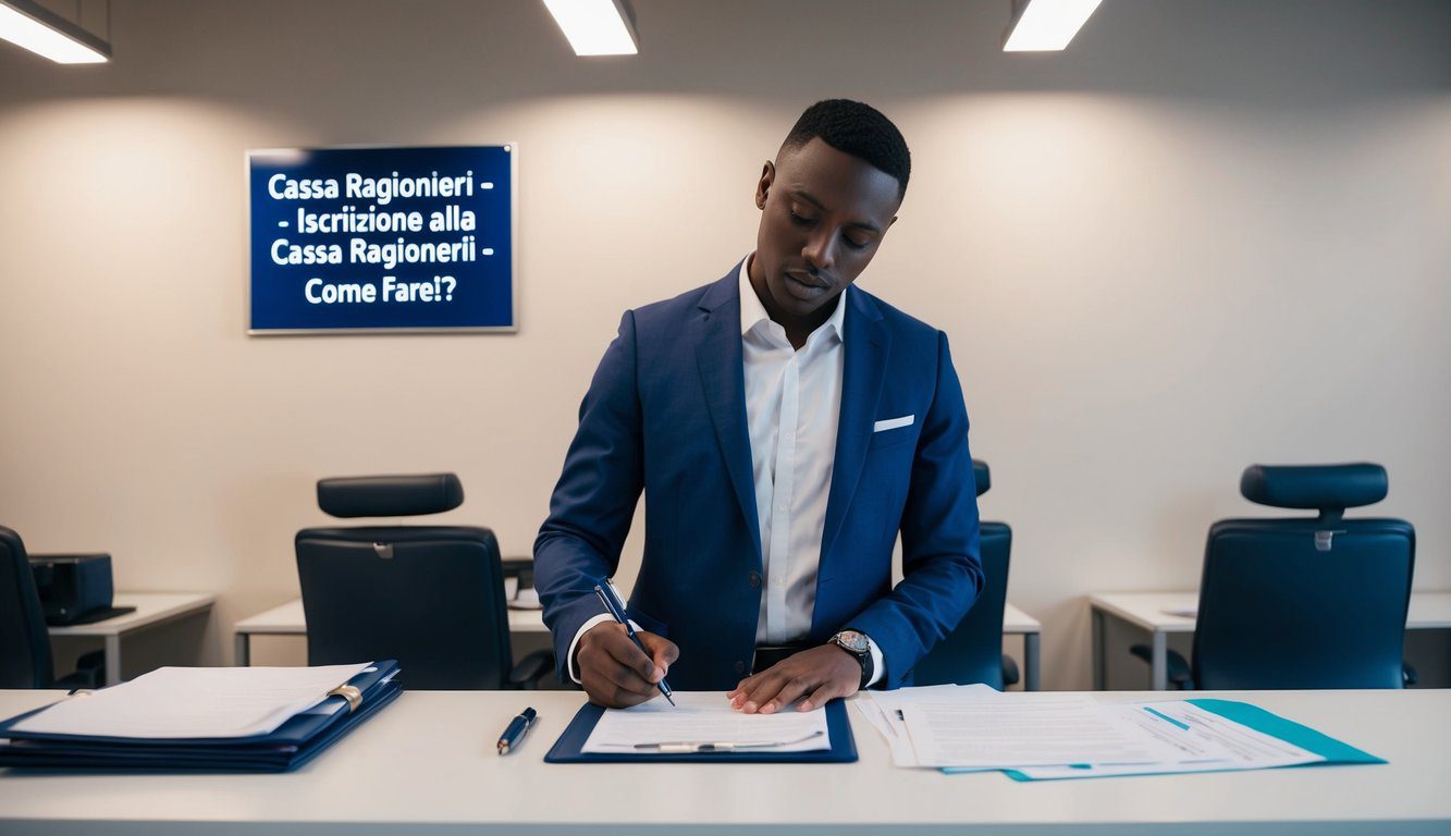 Cassa Ragionieri (CNPR): Cos'è, Come Funziona, Soggetti Obbligati, Iscrizione, Servizi, Contributi e Pensione (2026) 3 Una persona in piedi a una scrivania, che compila documenti con una penna, mentre un cartello sopra legge "Cassa Ragionieri - Iscrizione Alla Cassa Ragionieri - Come Fare?"