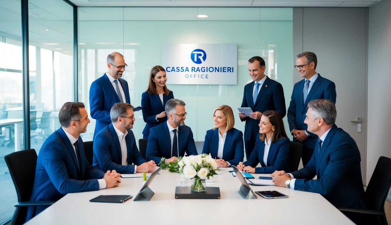 Cassa Ragionieri (CNPR): Cos'è, Come Funziona, Soggetti Obbligati, Iscrizione, Servizi, Contributi e Pensione (2026) 6 Un gruppo di professionisti presso un ufficio Cassa Ragionieri, che discute e riceve vari servizi disponibili per i membri