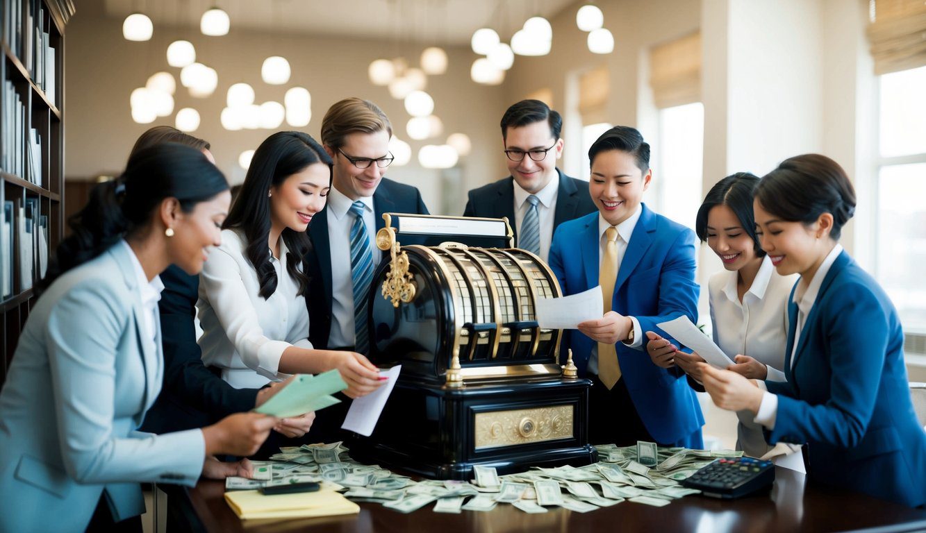 Cassa Ragionieri (CNPR): Cos'è, Come Funziona, Soggetti Obbligati, Iscrizione, Servizi, Contributi e Pensione (2026) 8 Un gruppo di contabili si riunisce attorno a una grande cassa registratrice ornata, scambiando documenti e contando denaro. La stanza è riempita dal suono dei tasti che cliccano e dei fogli che frusciano.