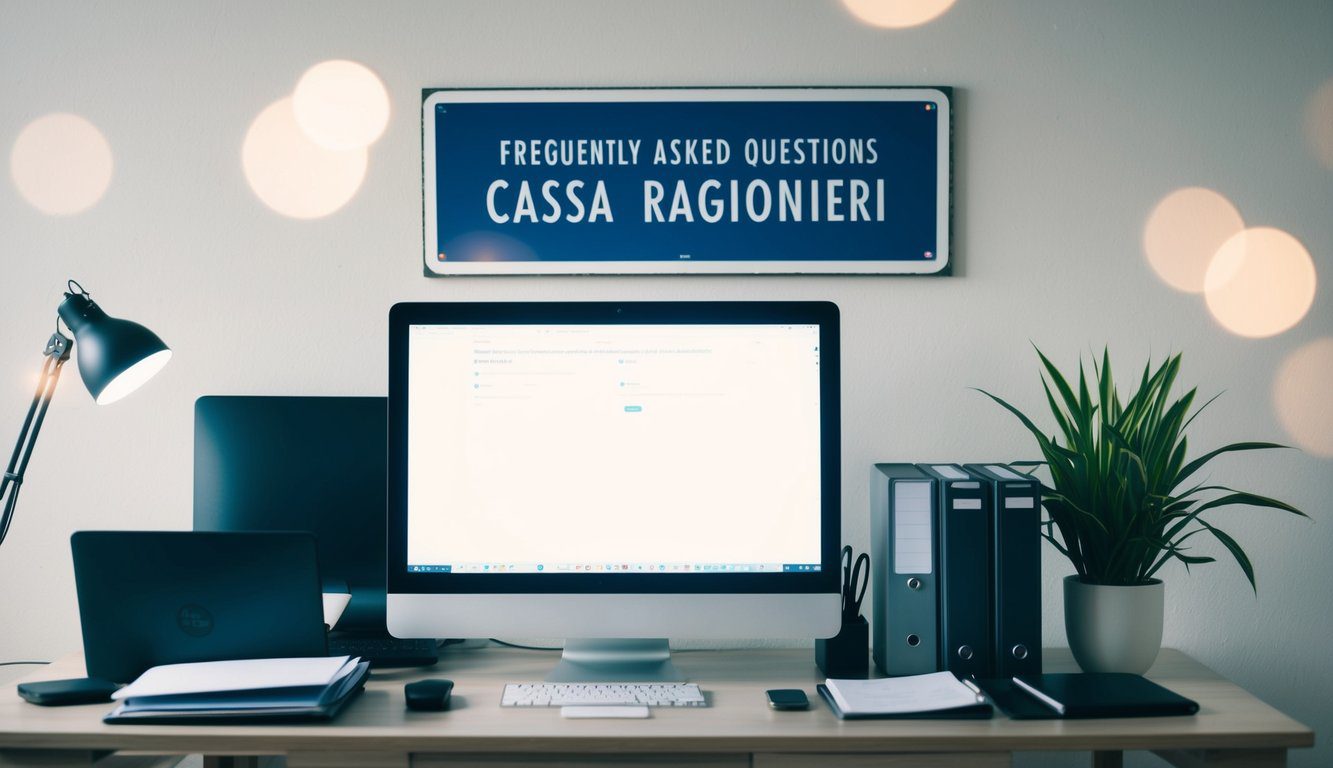 Cassa Ragionieri (CNPR): Cos'è, Come Funziona, Soggetti Obbligati, Iscrizione, Servizi, Contributi e Pensione (2026) 10 Una scrivania con un computer, un telefono e dei documenti. Un cartello con "Domande Frequenti Cassa Ragionieri" sopra la scrivania.