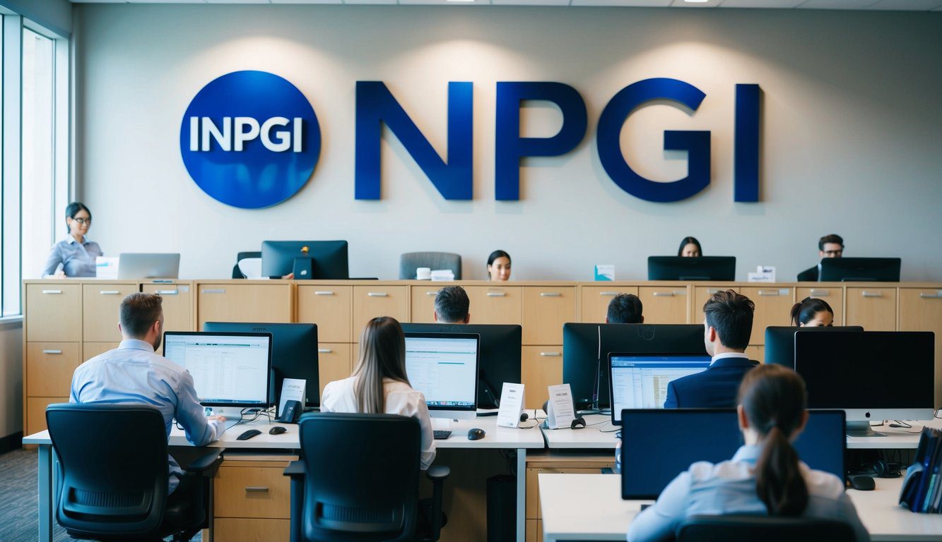 Un ufficio moderno con persone che lavorano a scrivanie, computer e armadietti per i documenti. Il logo dell'INPGI esposto in modo prominente sulla parete