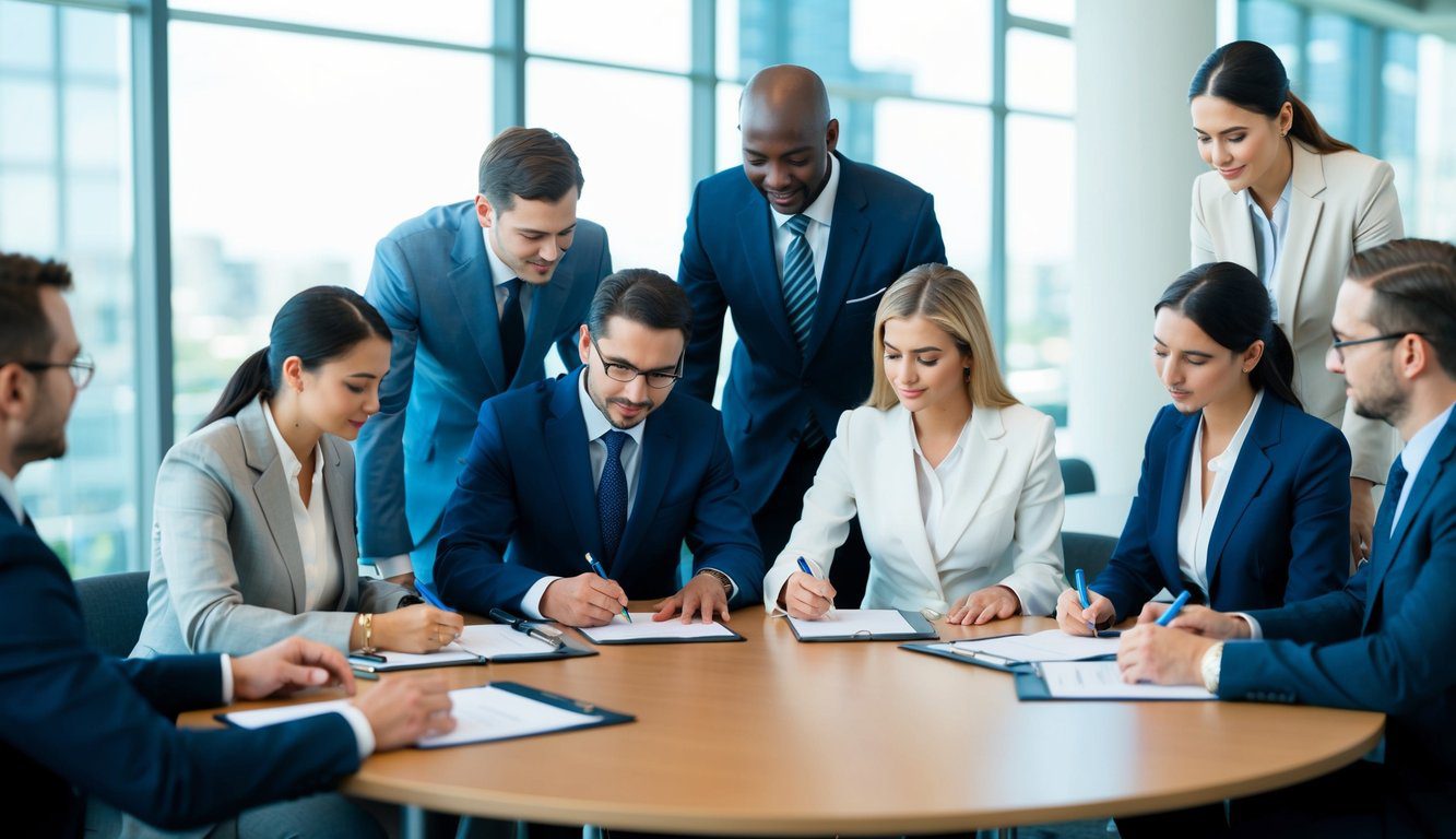 Un gruppo di professionisti si riunisce attorno a un tavolo, discutendo e firmando documenti relativi alla loro iscrizione obbligatoria all'organizzazione INPGI.