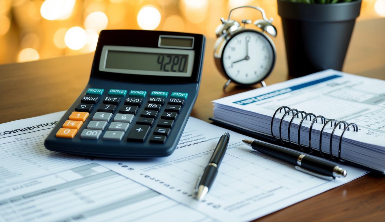 Una scrivania con una calcolatrice, moduli fiscali e un calendario che mostra le scadenze importanti per i contributi INPGI