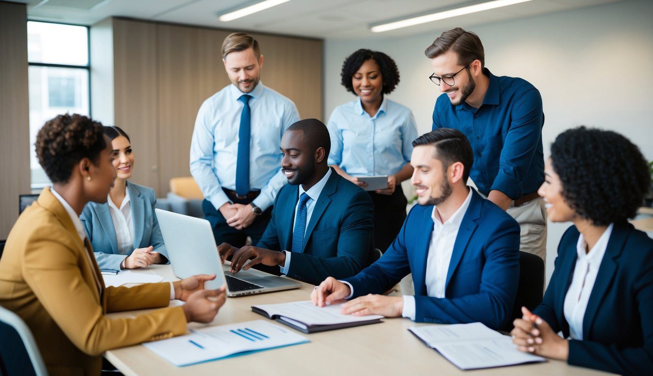 Un gruppo di persone che riceve assistenza presso un ufficio INPGI, con membri dello staff che forniscono supporto e informazioni.