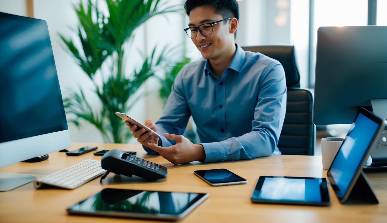 Una persona seduta a una scrivania, circondata da vari dispositivi di comunicazione come un telefono, un computer e un tablet. La persona &egrave; impegnata in una conversazione con l'INPGI attraverso uno di questi dispositivi.