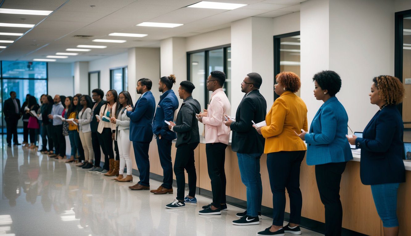 Un gruppo di persone in fila, in attesa di fare domande presso l'ufficio INPGI