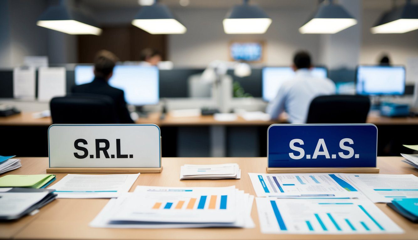 Differenze Tra SAS e SRL: Quali Sono, Cosa Comportano e Quale Scegliere? (2026) 2 Una scena d'ufficio occupata con due scrivanie separate, una etichettata "S.r.l" e l'altra "S.A.S." Ogni scrivania ha diversi documenti e pratiche aziendali sparsi sopra.