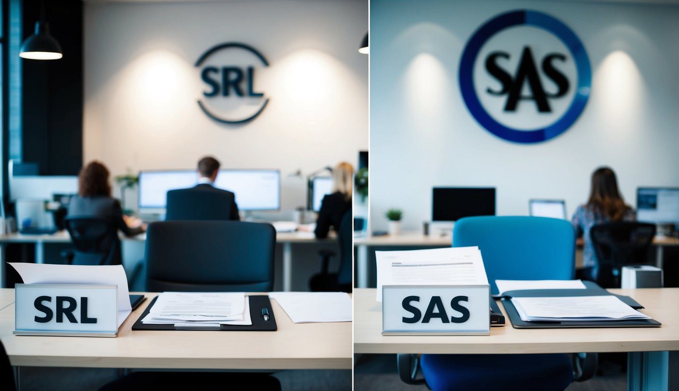 Differenze Tra SAS e SRL: Quali Sono, Cosa Comportano e Quale Scegliere? (2026) 4 Una scena d'ufficio occupata con due scrivanie separate, una etichettata "Srl" e l'altra "Sas." Ogni scrivania ha documenti diversi e un logo distinto sulla parete dietro di essa.