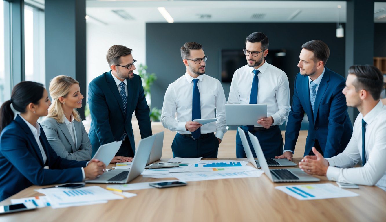 Differenze Tra SAS e SRL: Quali Sono, Cosa Comportano e Quale Scegliere? (2026) 5 Un gruppo di professionisti del settore che discutono le differenze tra una SAS e una SRL in un moderno ambiente d'ufficio con schermi di computer e documenti sparsi sul tavolo