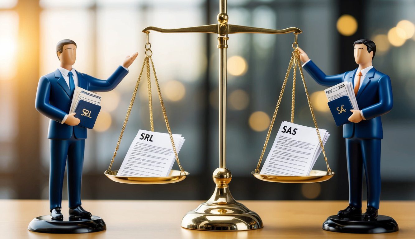 Differenze Tra SAS e SRL: Quali Sono, Cosa Comportano e Quale Scegliere? (2026) 6 Due figure che rappresentano SRL e SAS, in piedi su lati opposti di una bilancia, ciascuna con un insieme di documenti legali unici. La bilancia è bilanciata al centro.