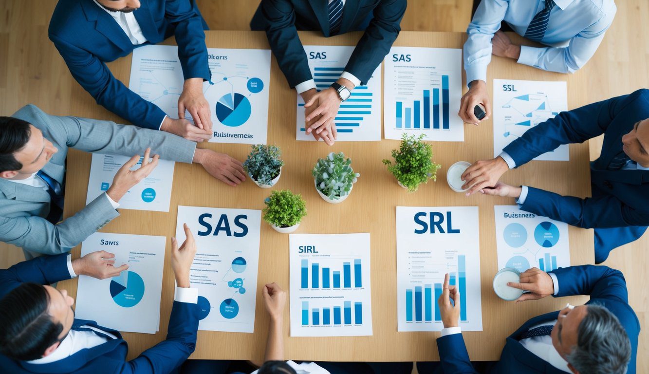 Differenze Tra SAS e SRL: Quali Sono, Cosa Comportano e Quale Scegliere? (2026) 3 Un gruppo di persone si è riunito attorno a un tavolo, discutendo e confrontando le differenze tra le strutture aziendali SAS e SRL. Grafici e diagrammi sono sparsi sul tavolo per riferimento.