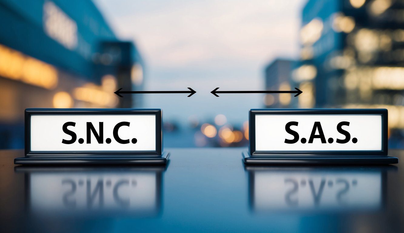 Due entità aziendali affiancate, una etichettata "S.n.c." e l'altra "S.a.s." con frecce che puntano a ciascuna, indicando differenze e implicazioni.