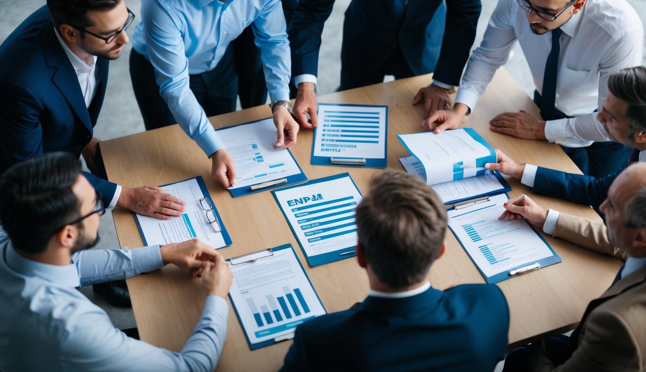 Un gruppo di professionisti si &egrave; riunito attorno a un tavolo, discutendo e scambiando documenti relativi all'ENPAM, con un senso di collaborazione e concentrazione.