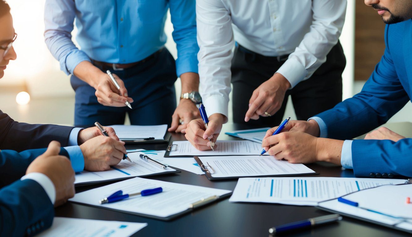 Un gruppo di professionisti si riunisce attorno a un tavolo, firmando documenti e discutendo dei loro obblighi verso l'ENPAM. Fogli e penne sono sparsi sul tavolo.