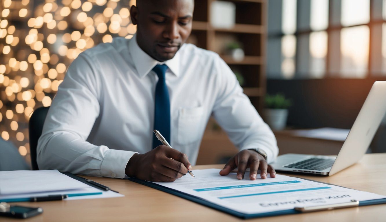 Una persona a una scrivania che compila documenti per la registrazione all'ENPAM