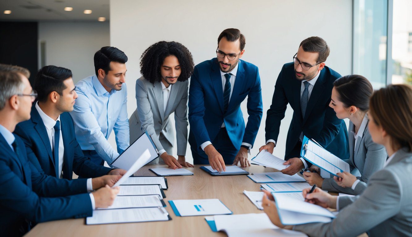 Un gruppo di professionisti si riunisce attorno a un tavolo, discutendo e scambiando documenti relativi ai contributi ENPAM.