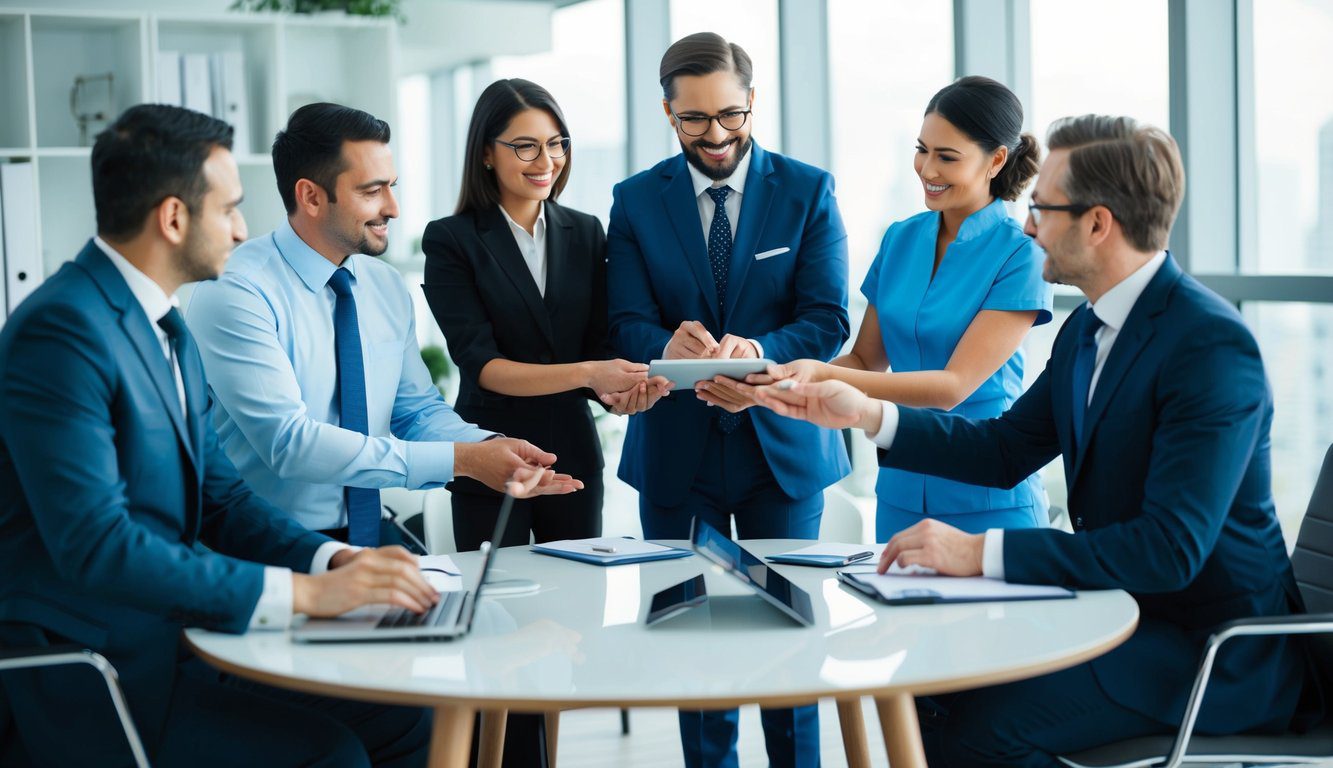 Un gruppo di professionisti che riceve vari servizi da ENPAM, come assistenza sanitaria, supporto finanziario e orientamento professionale, in un ambiente d'ufficio moderno.