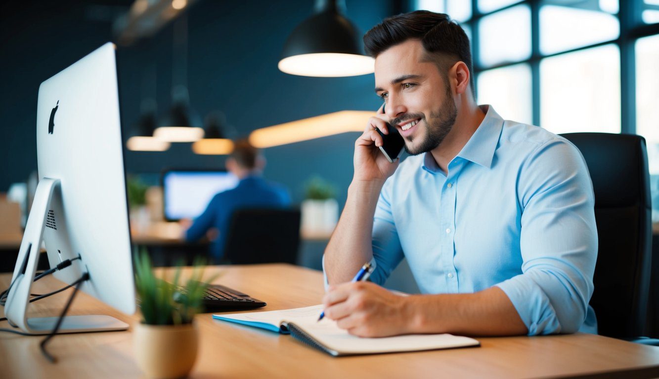 Una persona seduta a una scrivania con un computer, che parla al telefono e scrive appunti su un blocco note.
