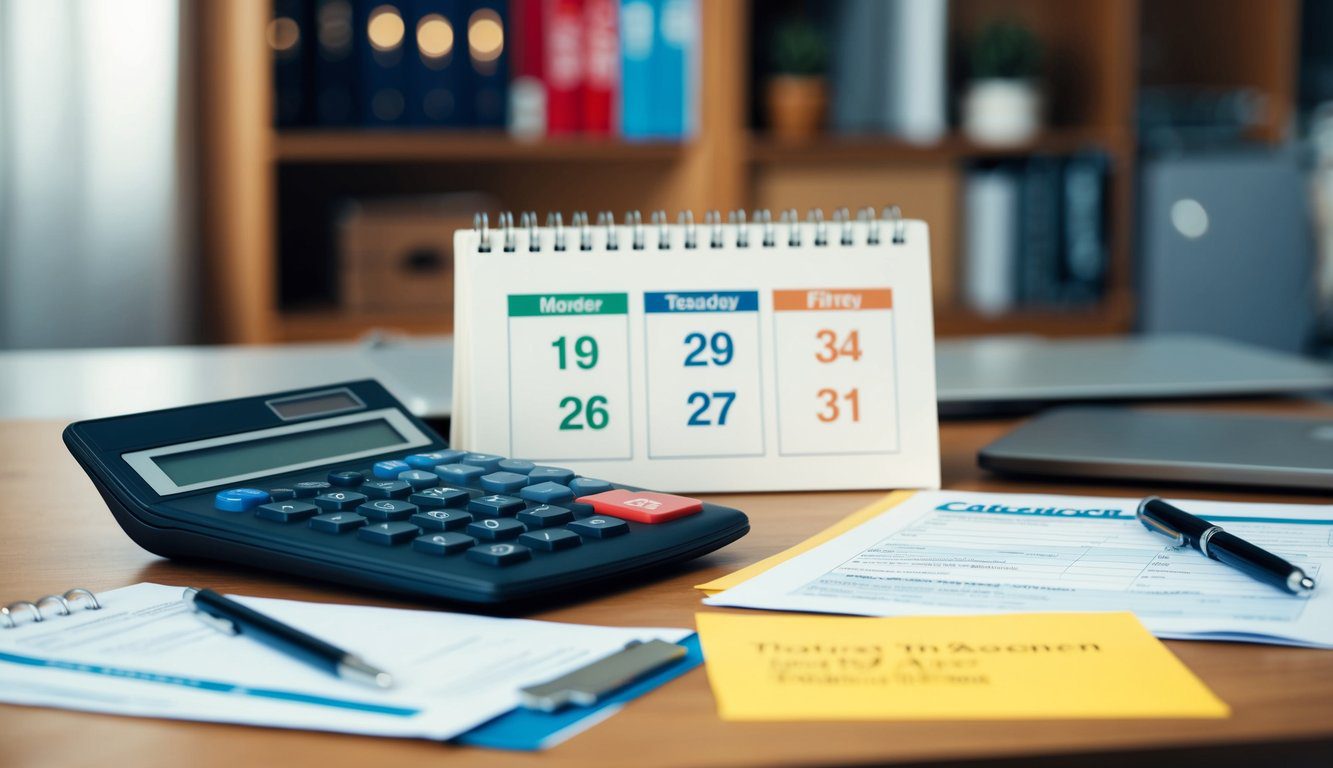 Una scrivania con una calcolatrice, moduli fiscali e un calendario che mostra le scadenze