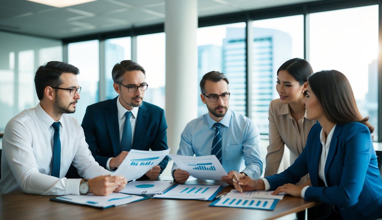 Un gruppo di persone che discutono e analizzano documenti finanziari e grafici in un ambiente d'ufficio