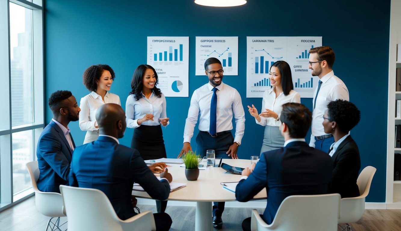 Un gruppo di persone diverse che discutono di opportunit&agrave; finanziarie in un moderno ambiente d'ufficio con grafici e diagrammi sulle pareti