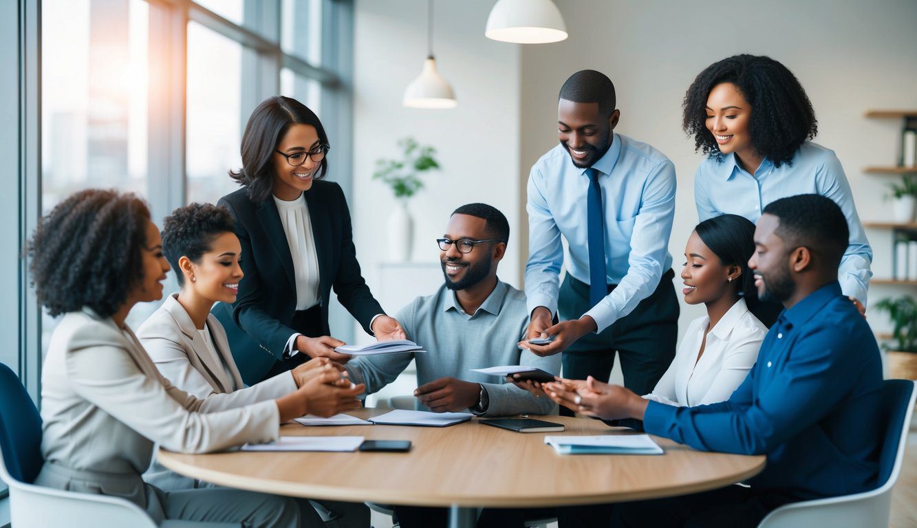 Un gruppo di individui diversi che ricevono assistenza finanziaria in un ambiente d'ufficio moderno