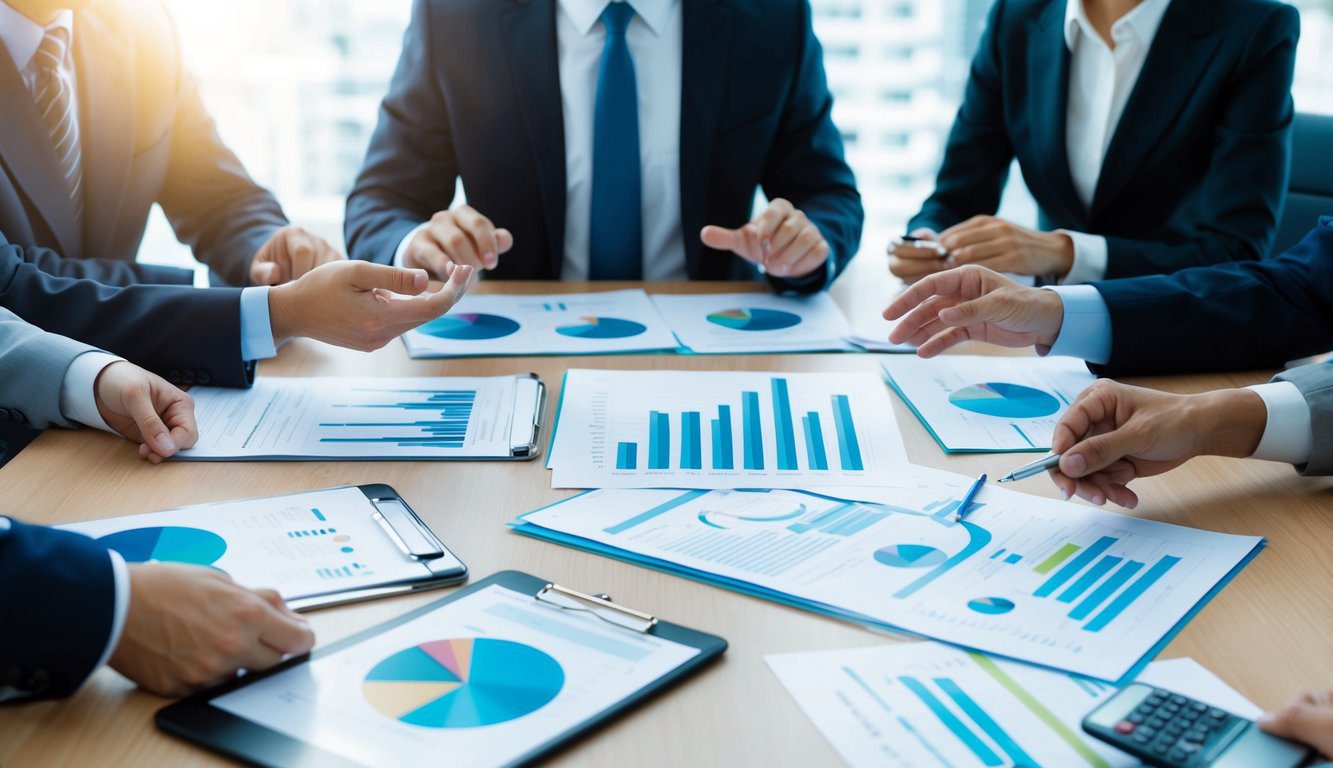 Un tavolo con vari documenti finanziari e grafici, circondato da un gruppo di professionisti del settore che discutono e analizzano diversi tipi di assistenza finanziaria.