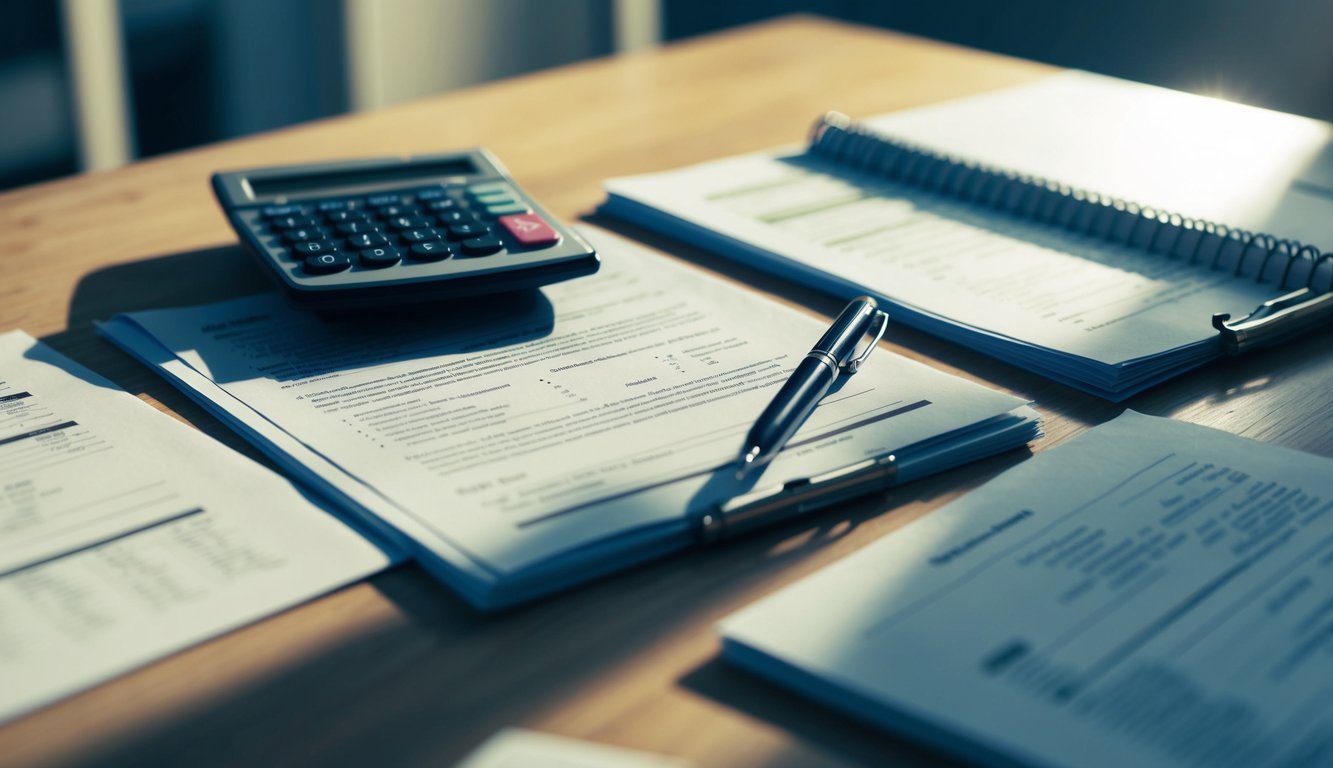 Un tavolo con documenti finanziari, una calcolatrice e una penna. Una luce che illumina la documentazione, creando ombre.