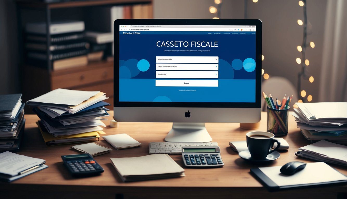 Una scrivania disordinata con uno schermo del computer che mostra il sito web 'Cassetto Fiscale', circondata da documenti, una calcolatrice e una tazza di caffè.